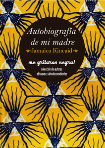 textura y motivos de telas africana en amarillo blanco y azul, detrás del título.